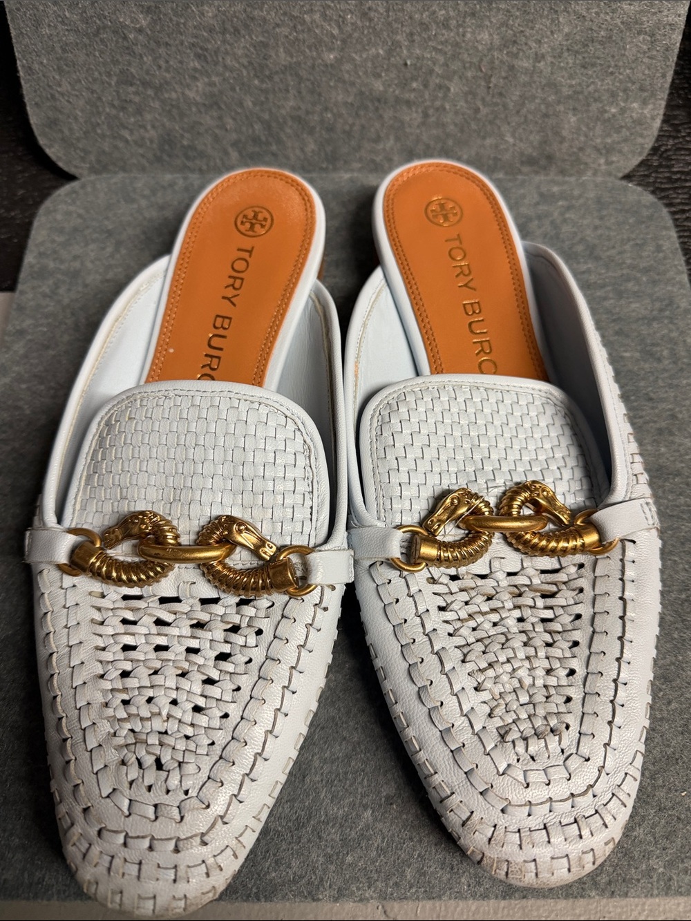 Tory Burch Light Blue Woven Leather Slip-On Mules with Gold Chain